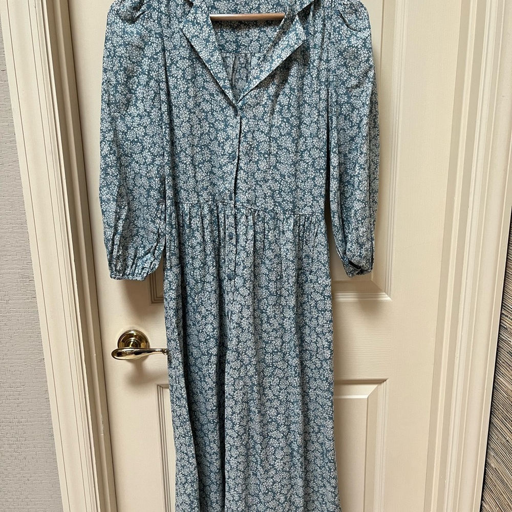 Blue Pleated Long Sleeve Sundress with Notched Collar